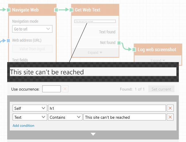 Screenshot of how the Get Web Text building block is used to validate a test case